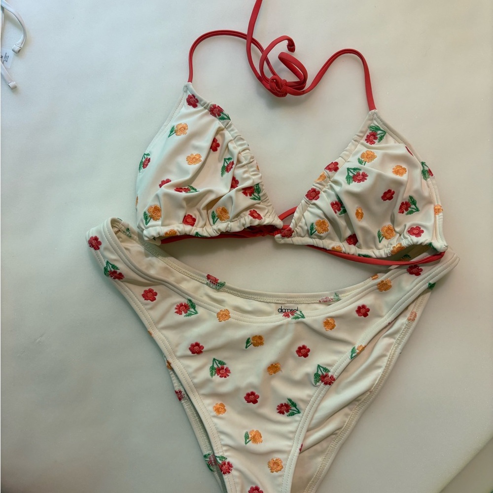 Tilly's Cream Floral Triangle Bikini with Red Straps